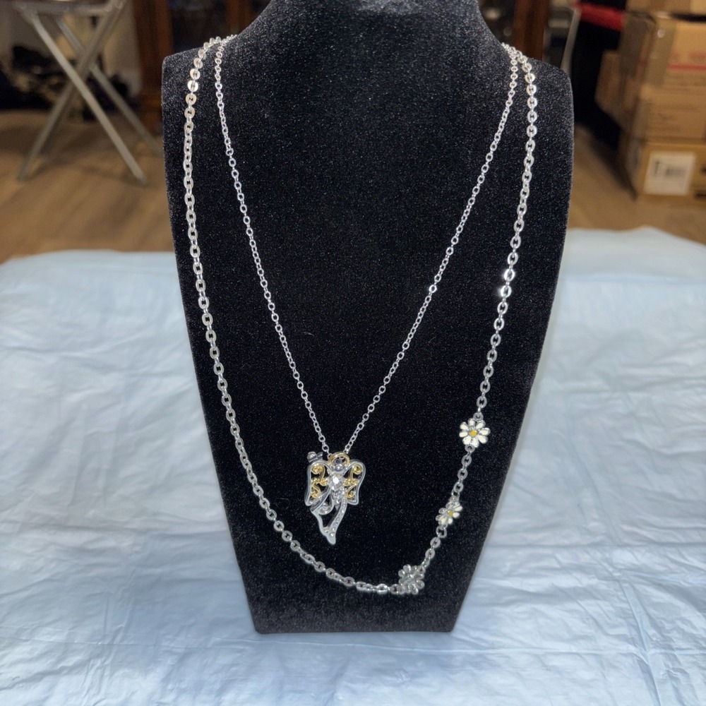 Vintage Angel Pendant Necklace Daisy Chain Enamel Flower Lot 2 PC